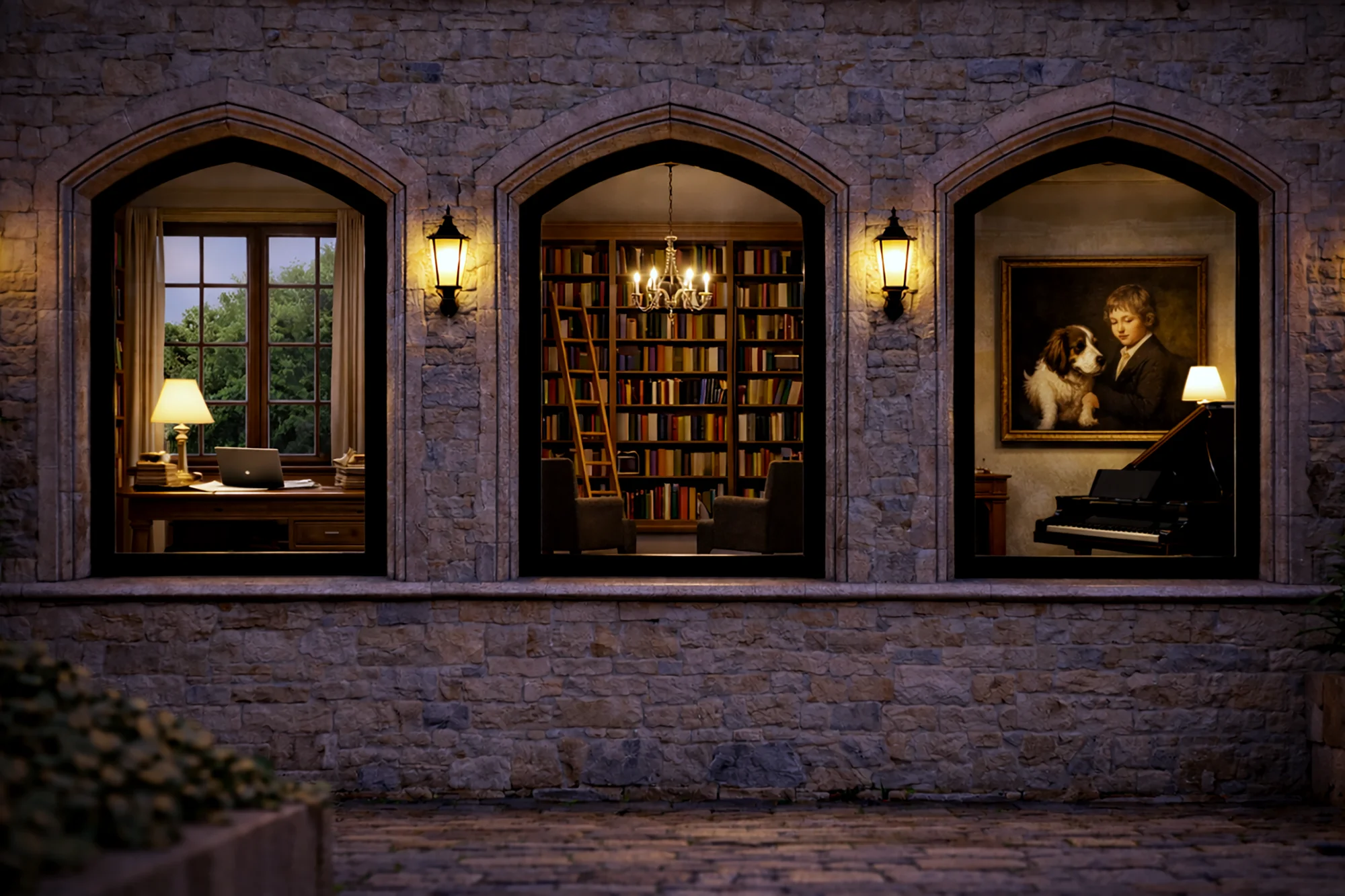 Illuminated academic building with three arched windows at dusk